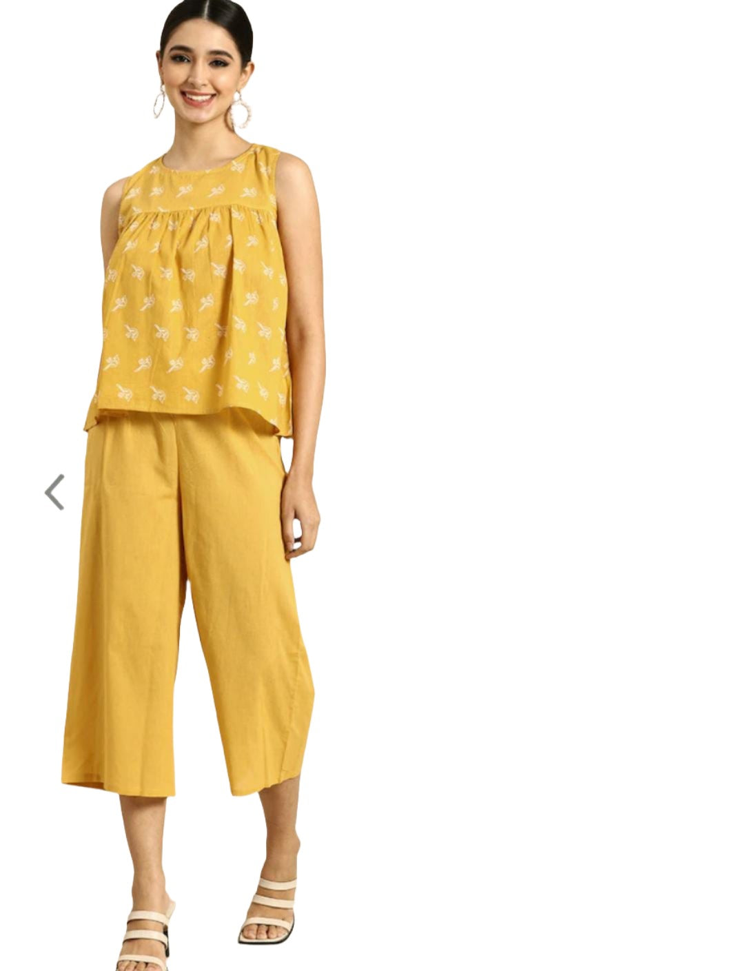 Women Yellow Ethnic Motifs Printed Pleated Pure Cotton Top with Palazzos
