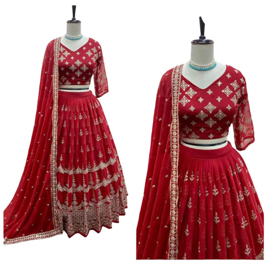 Fully Embroidered Red Lehenga Choli &amp; Dupatta Set