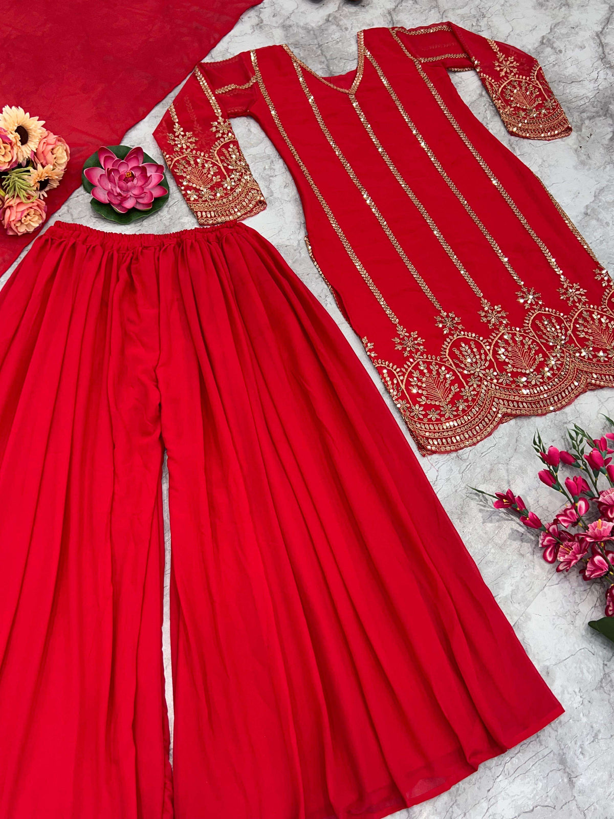 PARTY WEAR TOP AND SARARA. WITH FANCY DUPATTA WITH HEAVY EMBROIDERY WORK*