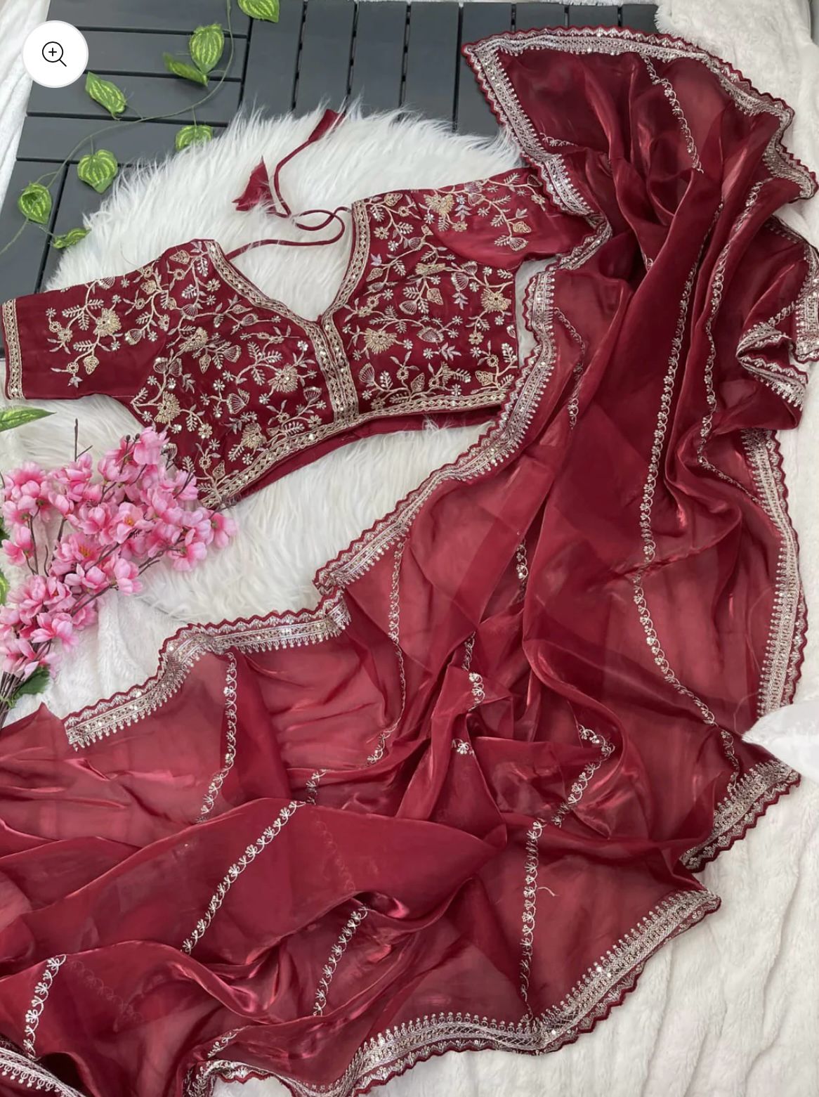 Jimmy Choo Organza Saree with Embroidered Stitched  blouse(Red)