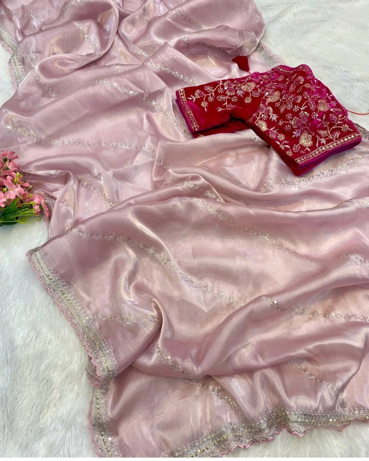 Jimmy Choo Organza Saree with Embroidered Stitched  blouse(Baby Pink)