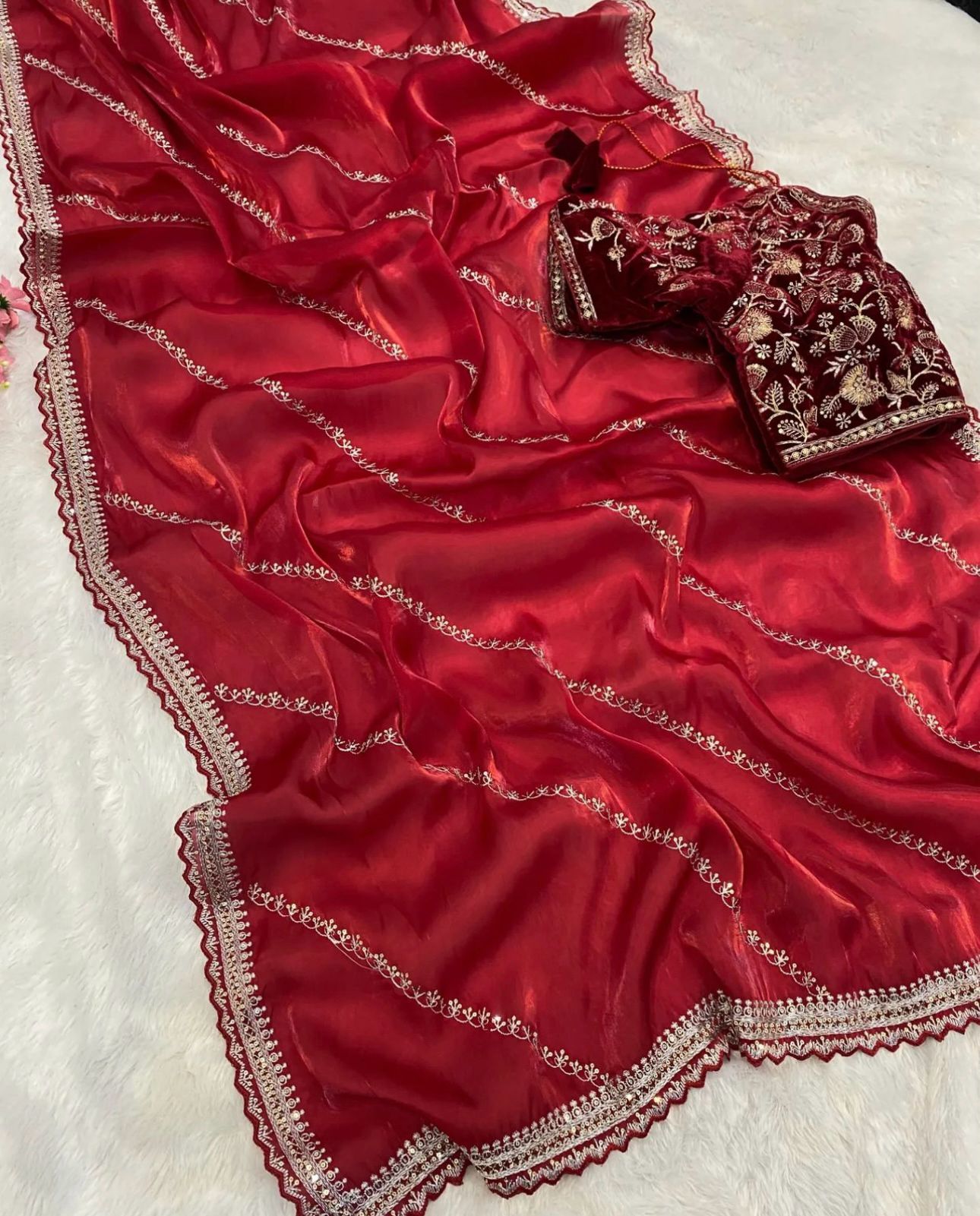Jimmy Choo Organza Saree with Embroidered Stitched  blouse(Red)