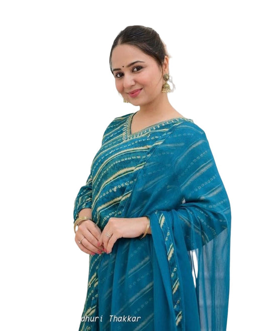 Blue Lehariya Print A-Line Suit Set In Germany - Neha Couture Indian Fashion