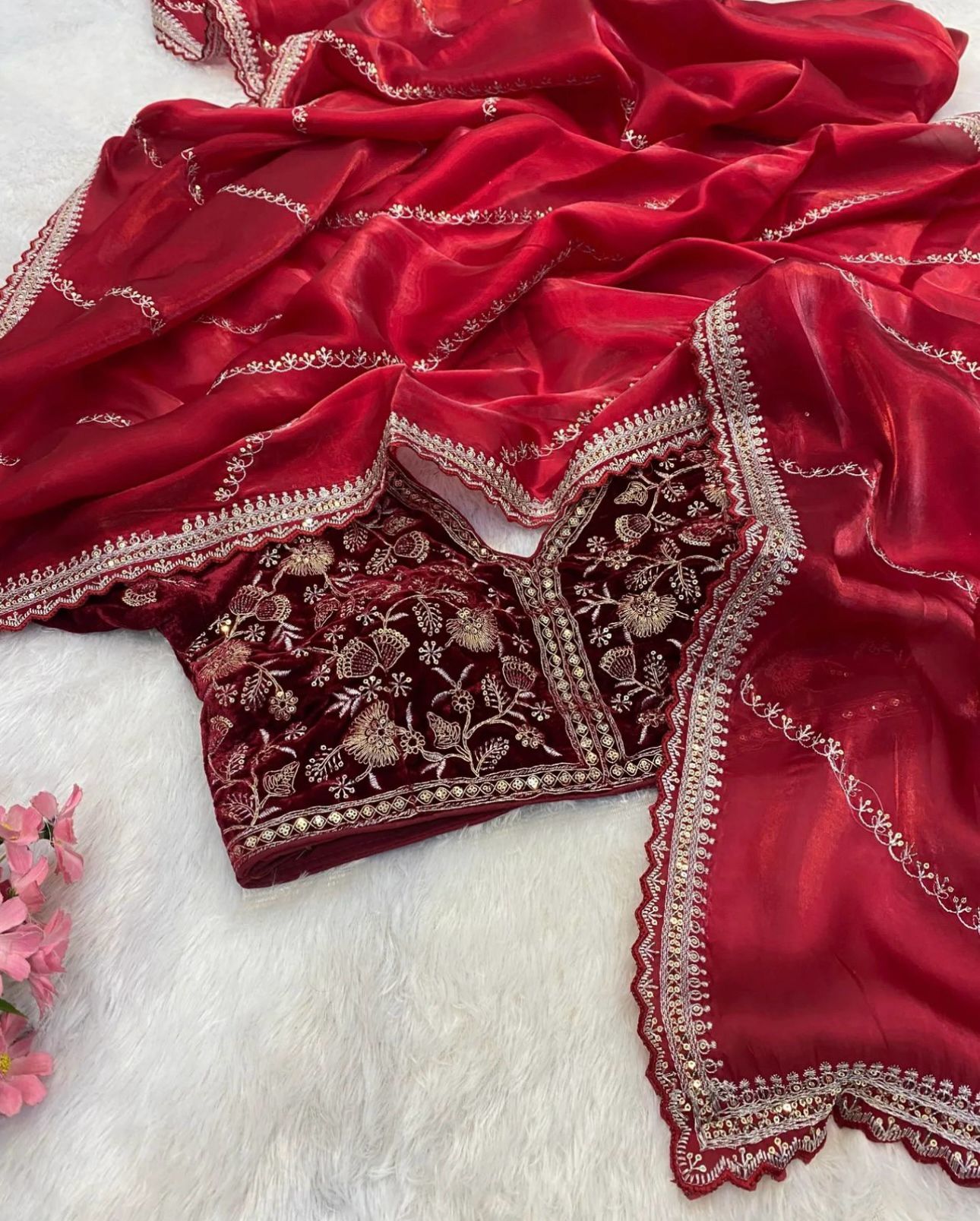 Jimmy Choo Organza Saree with Embroidered Stitched  blouse(Red)