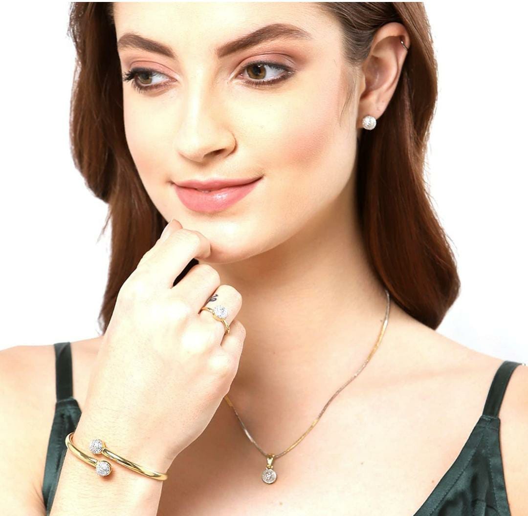 Jewellery Set Gold Plated American Diamond Traditional Stylish Pendant Set, Ring, Bracelet with Earring Jewellery for Women & Girls