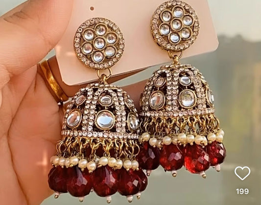 Gold-Plated Dome Shaped Kundan Studded Jhumkas