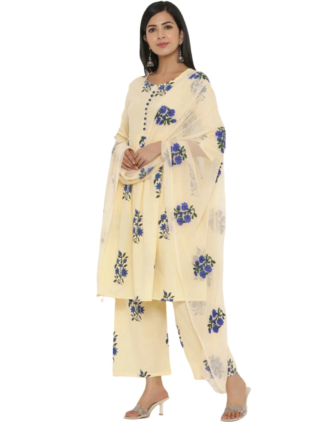 Women Beige Floral Printed Pure Cotton Kurti with Trousers & With Dupatta