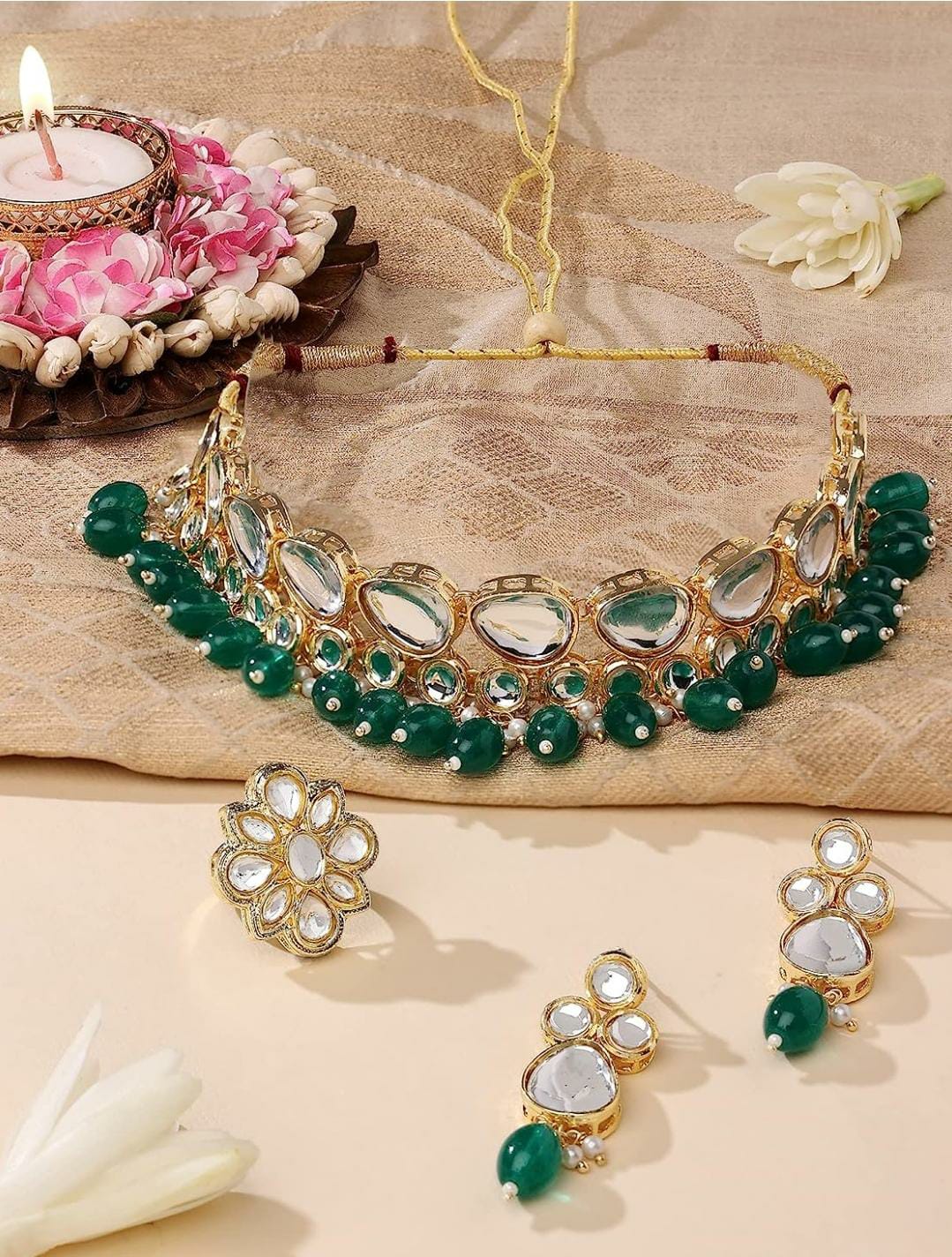 Green Beads Kundan Choker Necklace Earring & Ring Set For Women