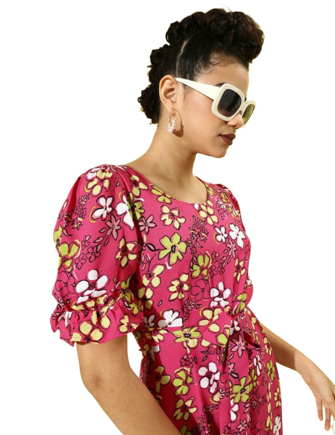 Women Pretty Pink Floral Cinched Waist Dress