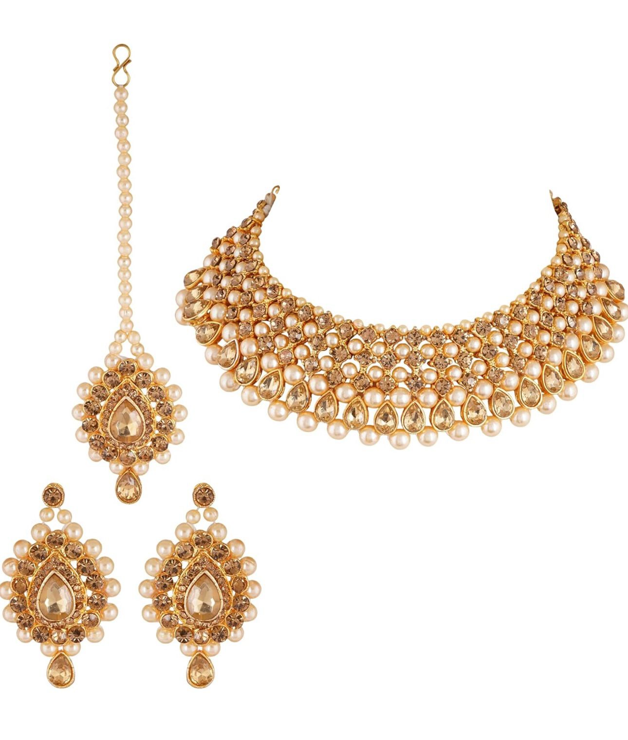 SCHMUCK-PERLEN-EINGEBETTETES MEHRSCHICHTIGES KUNDAN-WORK-HALSKETTE-SET MIT MAANG-TIKS FÜR FRAUEN UND MÄDCHEN