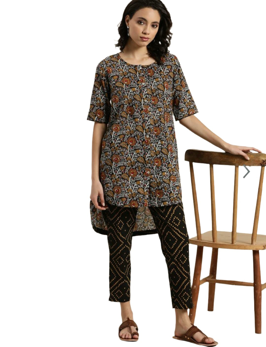 Women Black & Mustard Brown Pure Cotton Floral Print High-Low Kurta with Trousers