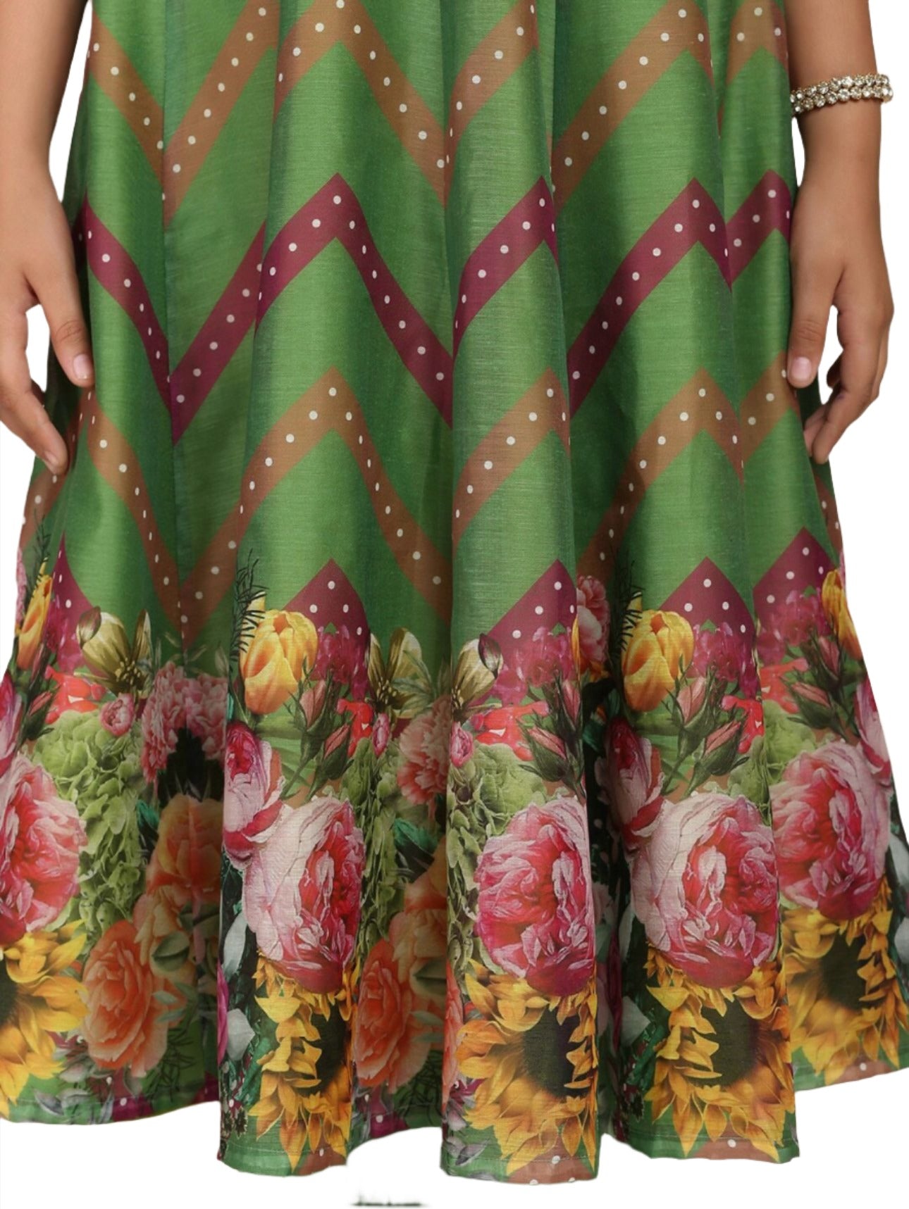 Kurti with Churidar & With Dupatta for Girls Green Floral Printed