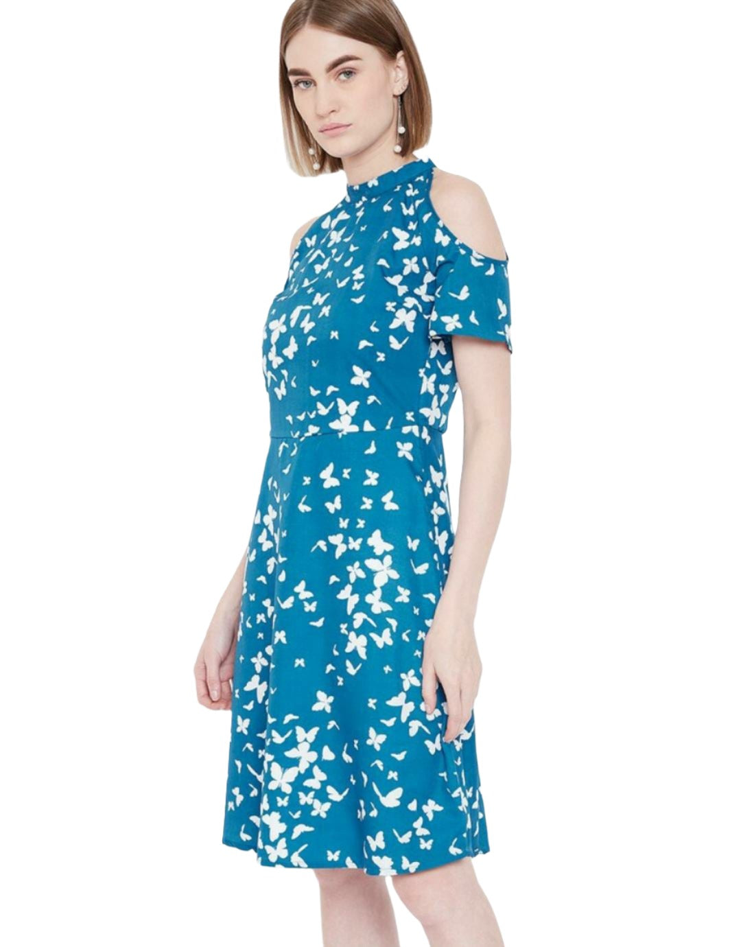 Women Blue & White Butterfly Printed Cold-Shoulder A-Line Dress
