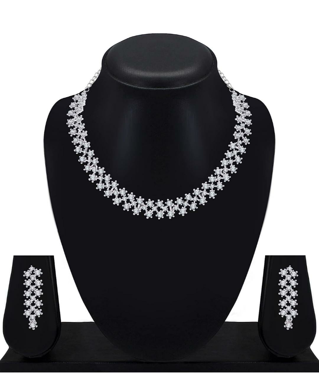 White Gold Crystal AD Diamond Necklace Jewellery Set with Earrings for Women and Girls Suits Best Party, Wedding and Occasional Wear