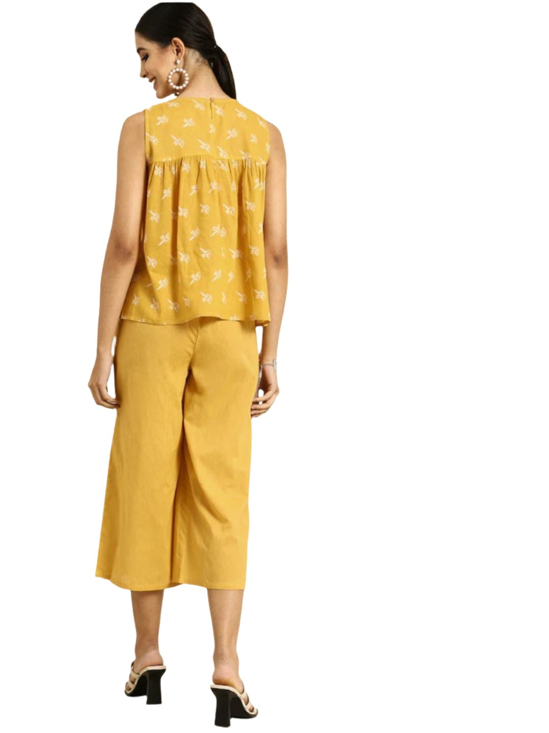 Women Yellow Ethnic Motifs Printed Pleated Pure Cotton Top with Palazzos