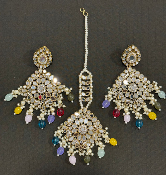 Spiegel-Kundan-Ohrringe mit Maang Tikka