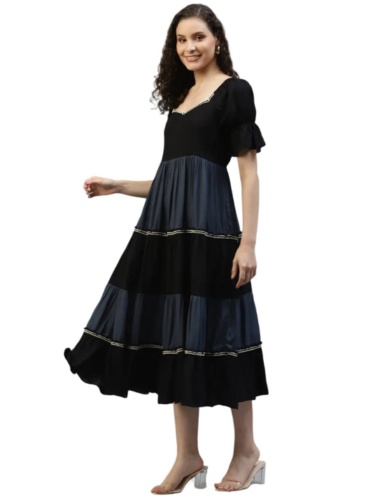 Black & Grey Color block Women's Dress embroidery and fabric detail - Neha Couture Indian Fashion