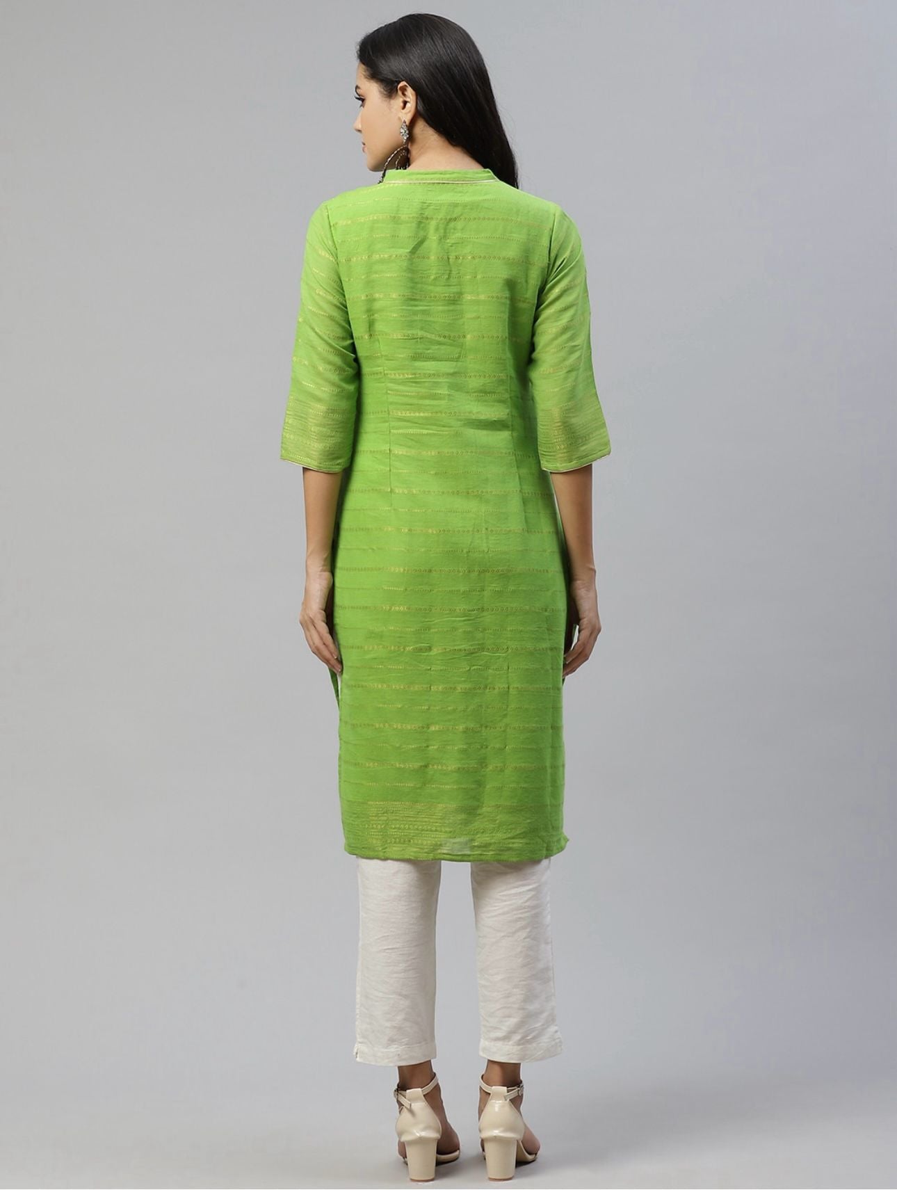 Women Green & Golden Striped Dobby Kurta