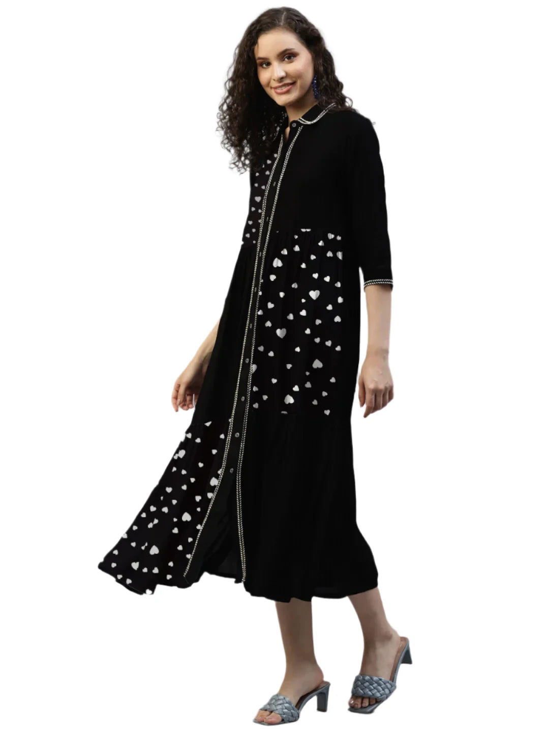 Black Color Blocked Heart Printed Women'S Shirt Dress in Germany