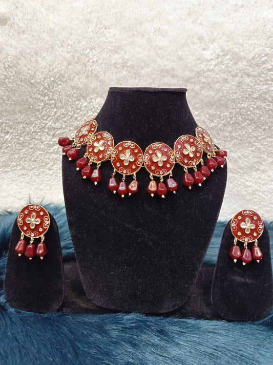 Gold-Plated Kundan Meenakari Enamelled Choker Necklace Jewellery Set