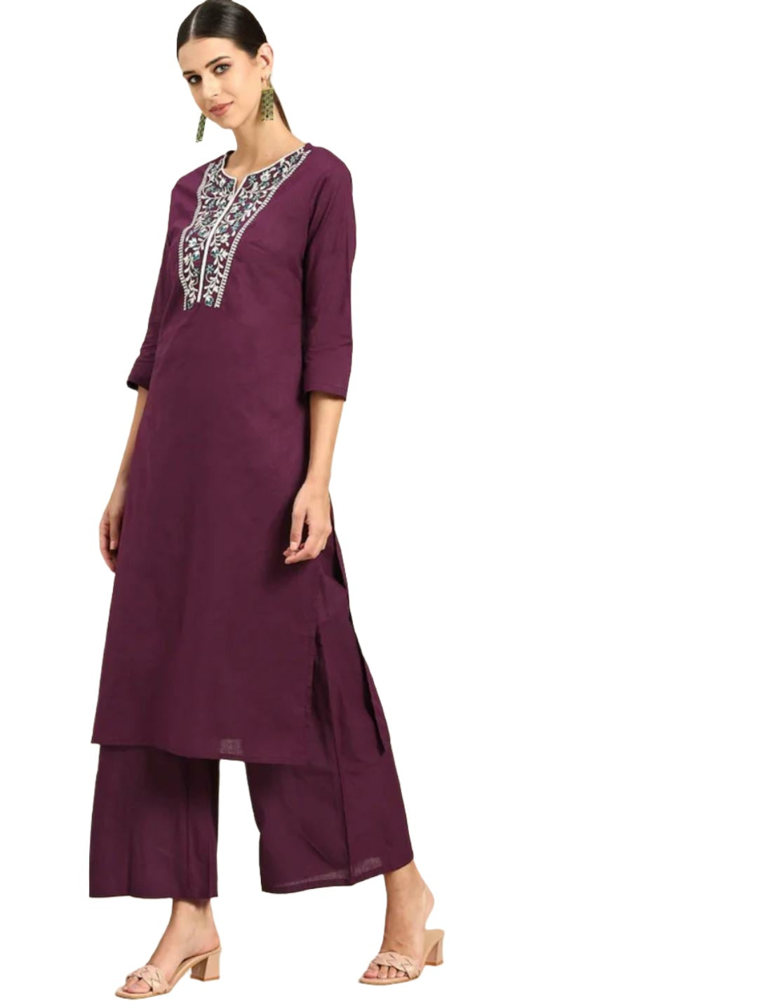 Women Purple Ethnic Motifs Yoke Design Regular Thread Work Pure Cotton Kurta with Palazzos