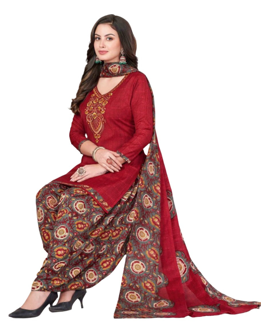 Women  Printed Thread Work Pure Cotton Kurta with Patiala & With Dupatta
