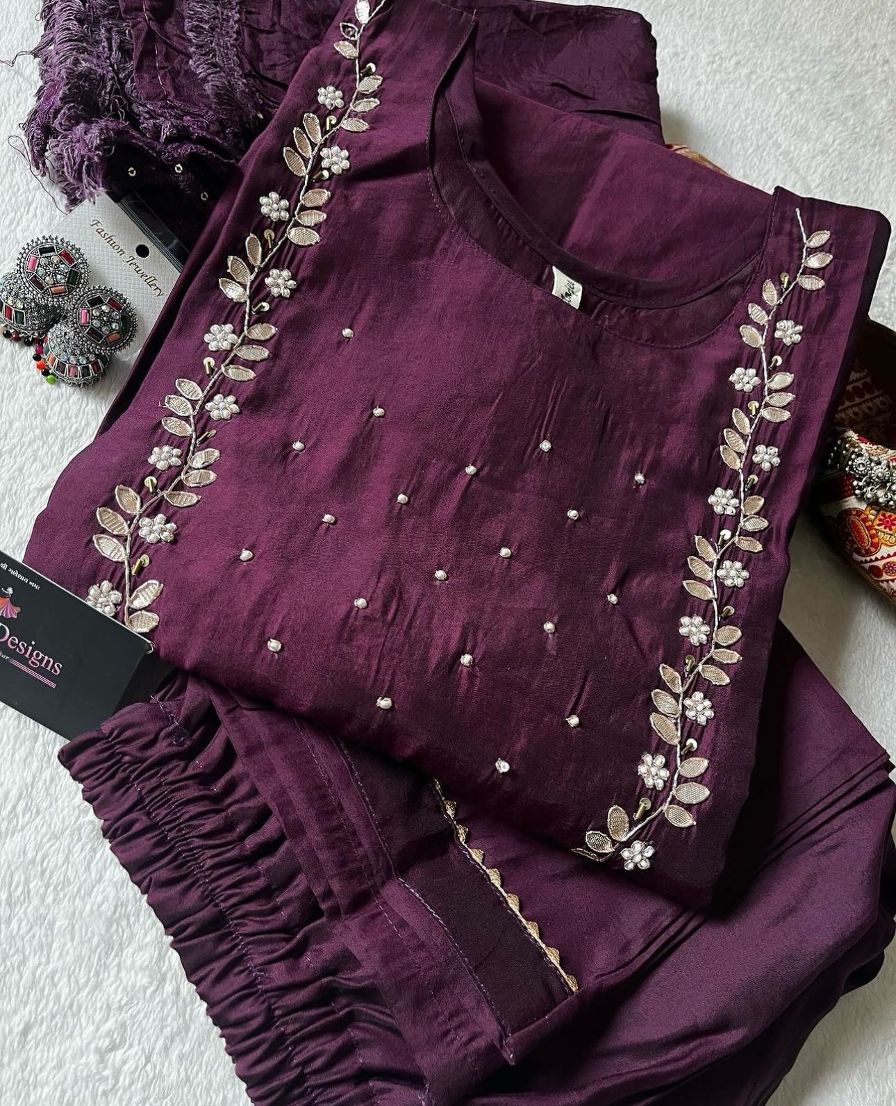 Handwork at Neck gotta Patti Pearl Dola Silk Kurta Dupatta Bottom Set