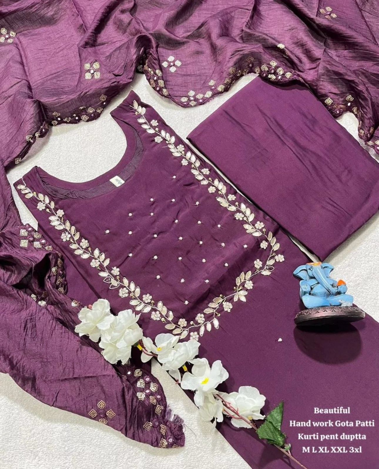 Handwork at Neck gotta Patti Pearl Dola Silk Kurta Dupatta Bottom Set