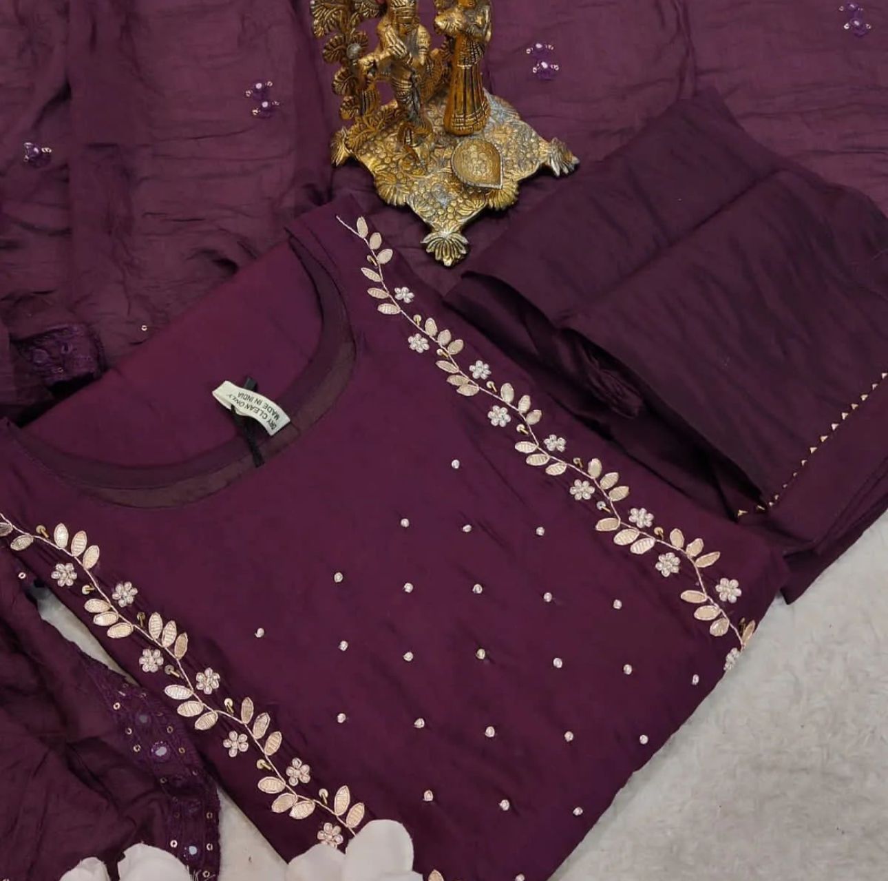 Handwork at Neck gotta Patti Pearl Dola Silk Kurta Dupatta Bottom Set