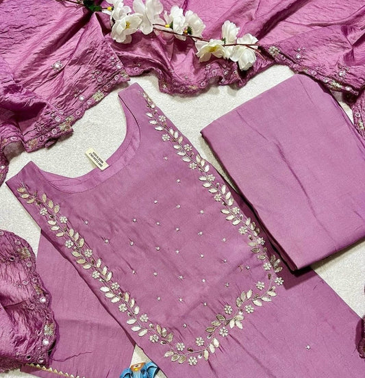 Handwork at Neck gotta Patti Pearl Dola Silk Kurta Dupatta Bottom Set embroidery and fabric detail - Neha Couture Indian Fashion
