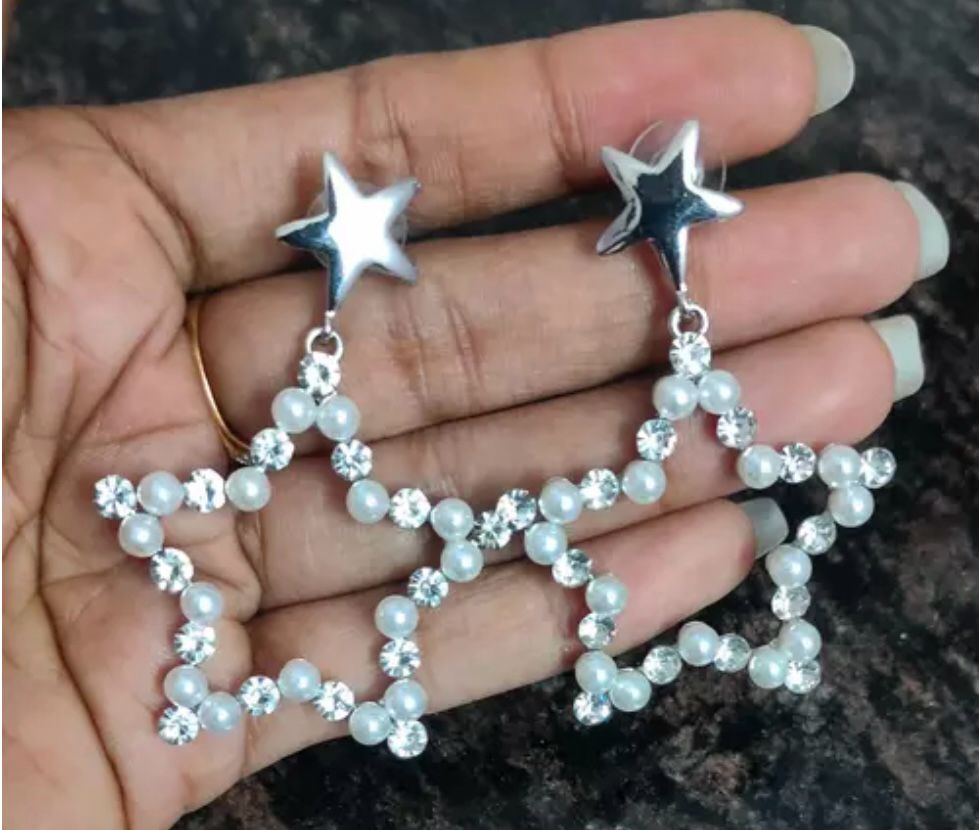Korean White Pearls Star Shape Studded Drop Earrings For Girls And Women