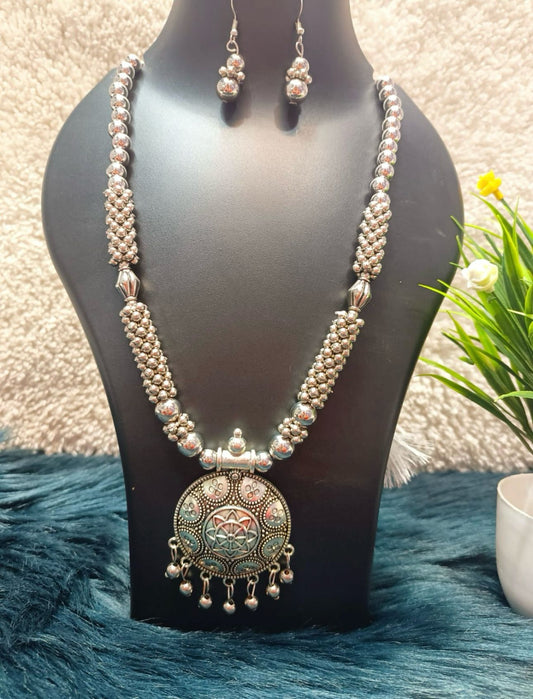Silver-Plated Stone-Beaded Oxidized Necklace & Earrings Set
