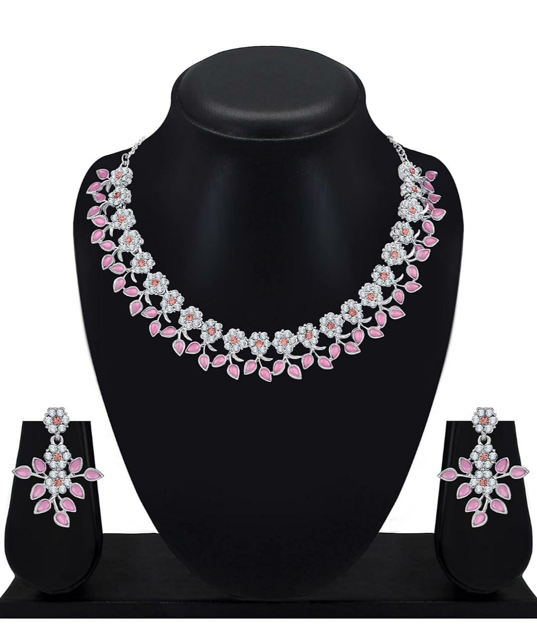 Pink Kundan Silver Plated Crystal AD Diamond Necklace Jewellery Set with Earrings for Women and Girls Suits Best Party, Wedding and Occasional Wear