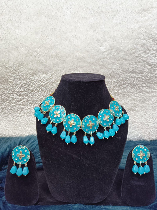 Gold-Plated Kundan Meenakari Enamelled Choker Necklace Jewellery Set