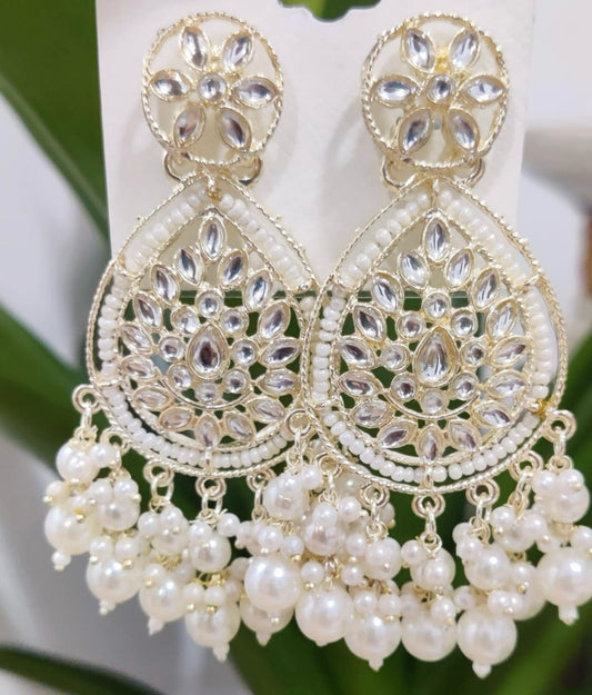 Gold-Plated Stone Studded & Beaded Contemporary Chandballi
