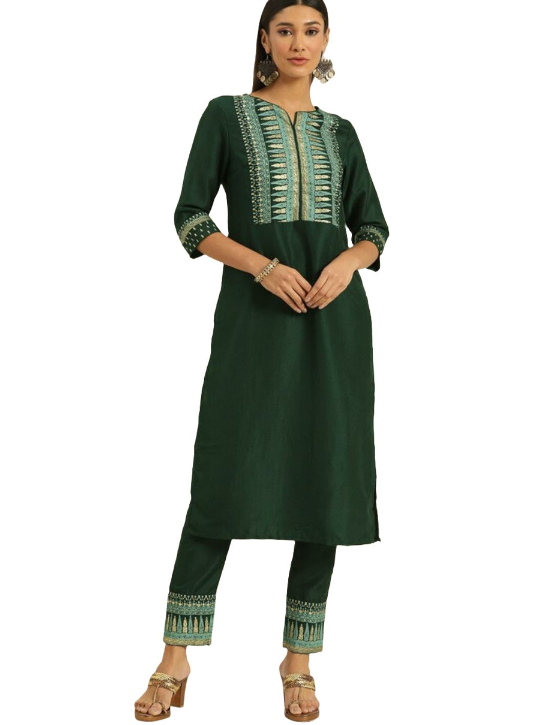 Women Green Ethnic Motifs Printed Regular Kurta with Trousers