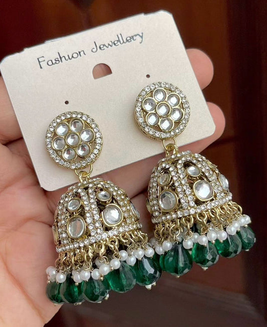 Gold-Plated Dome Shaped Kundan Studded Jhumkas