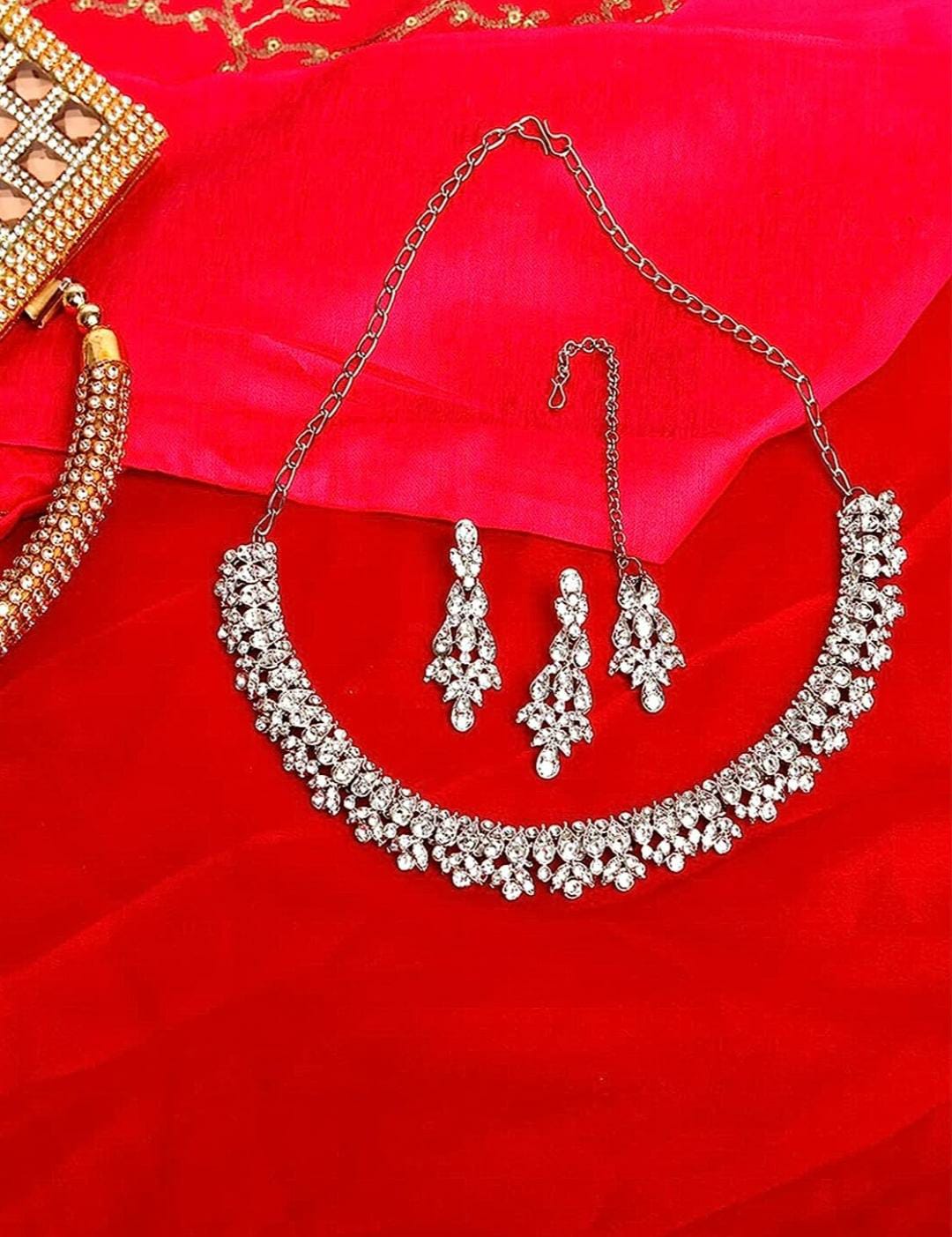 Silver Plated AD Crystal Austrian Diamond Necklace Jewellery Set with Earrings & Maang Tikka