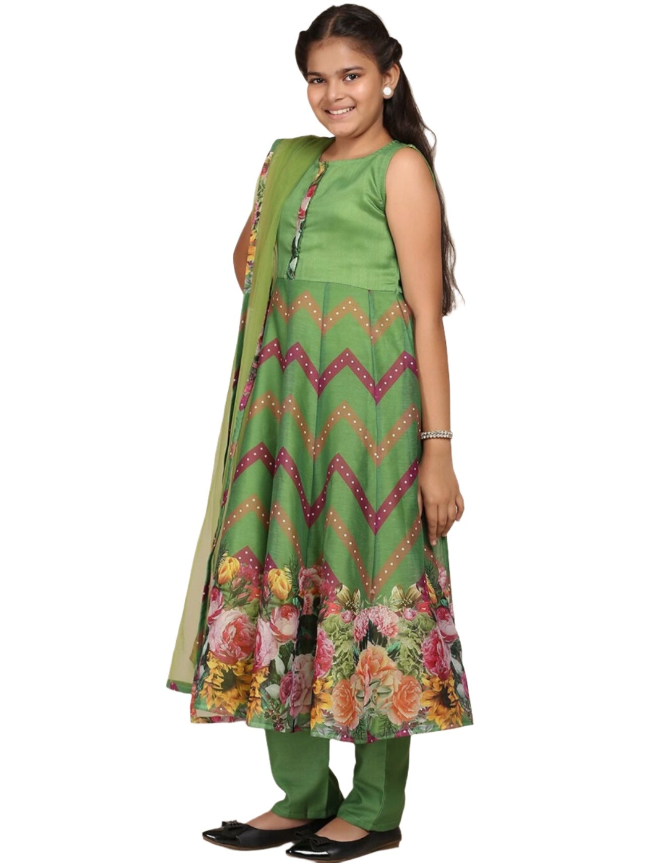 Kurti with Churidar & With Dupatta for Girls Green Floral Printed