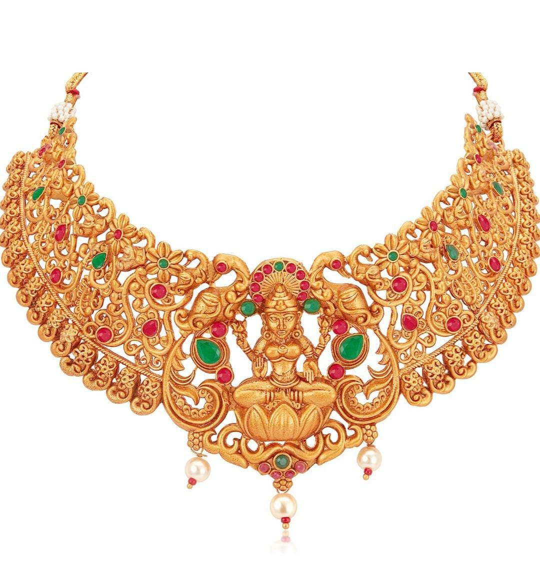 Gold Plated Temple Jewellery Goddess Laxmi Choker Necklace Set for Women