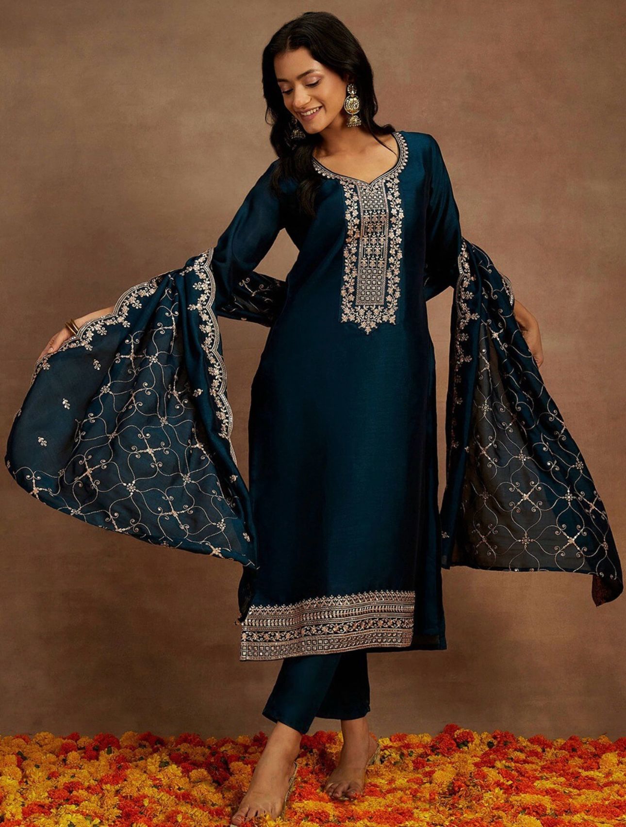 Yoke Design Sequinned Straight Kurta with Trousers & With Dupatta