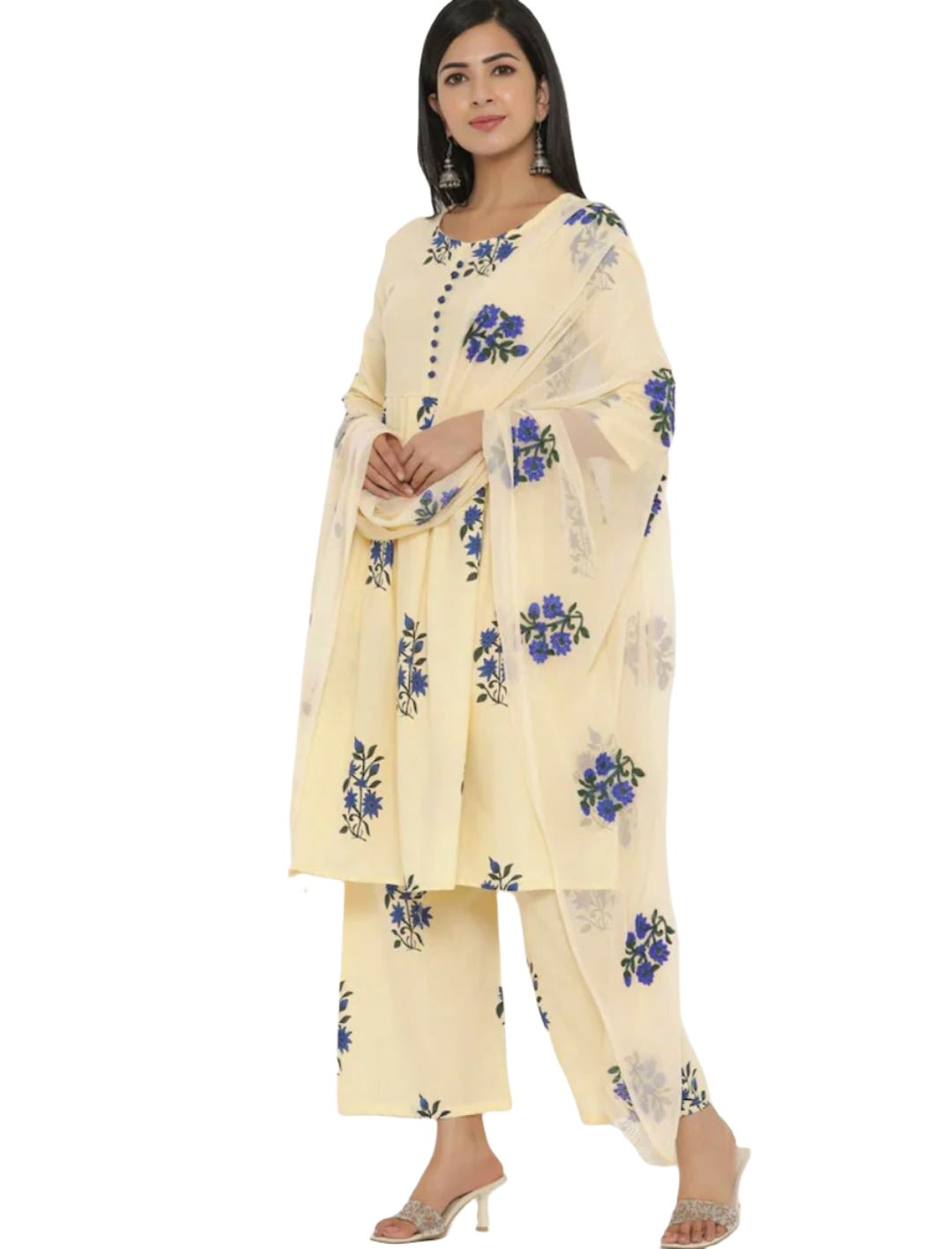 Women Beige Floral Printed Pure Cotton Kurti with Trousers & With Dupatta