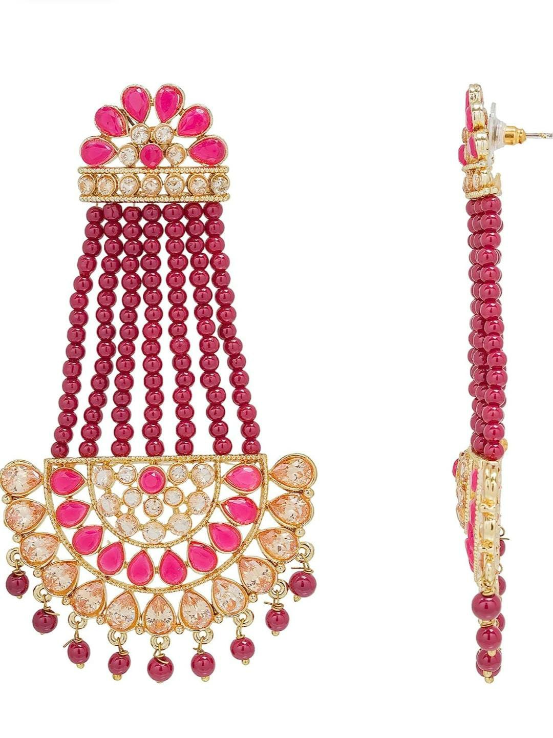 Maroon and Pink Gold-Plated Chandelier Earrings for Girls and Women