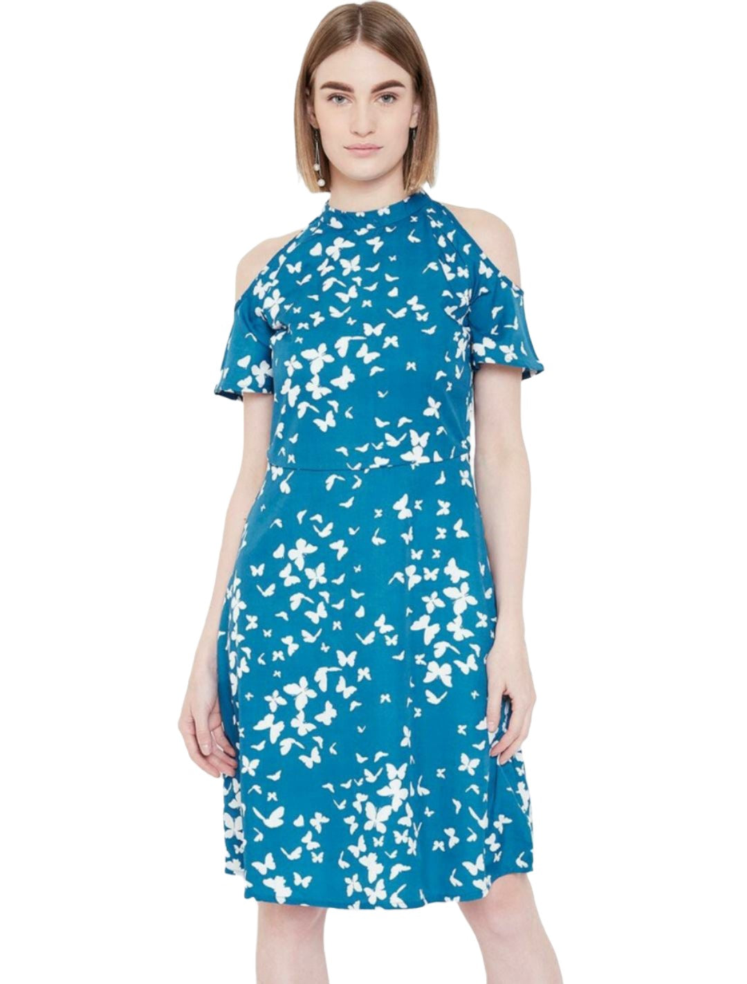 Women Blue & White Butterfly Printed Cold-Shoulder A-Line Dress