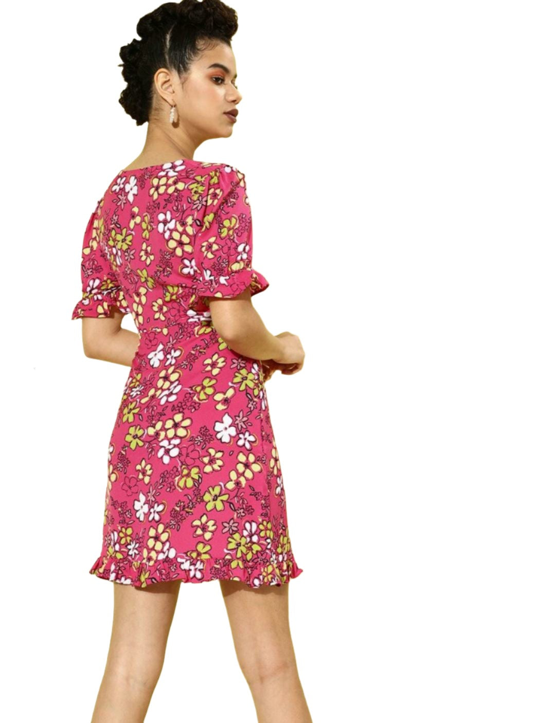 Women Pretty Pink Floral Cinched Waist Dress