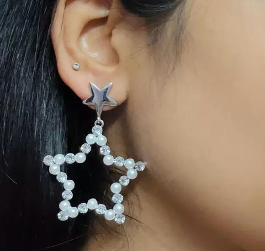 Korean White Pearls Star Shape Studded Drop Earrings For Girls And Women