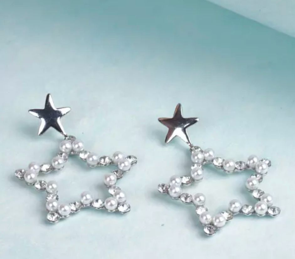 Korean White Pearls Star Shape Studded Drop Earrings For Girls And Women