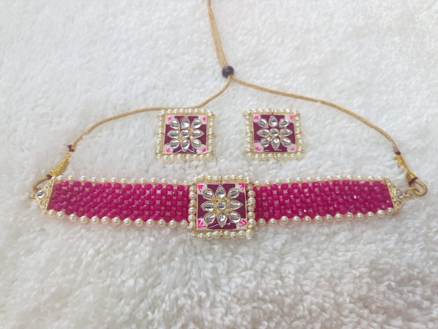Dazzling Crsytal Multistrand Beaded Kundan Choker Necklace Earring For Women