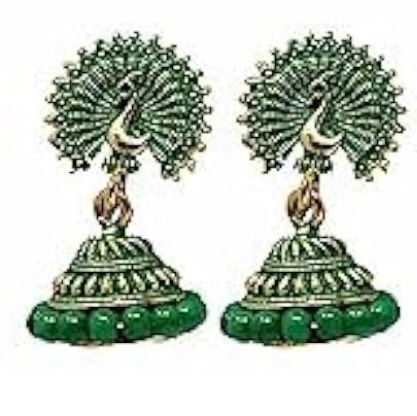 Women's Traditional Gold Ethnic Antique South Indian Round Pearl Moti Feather Peacock Jhumka Earrings