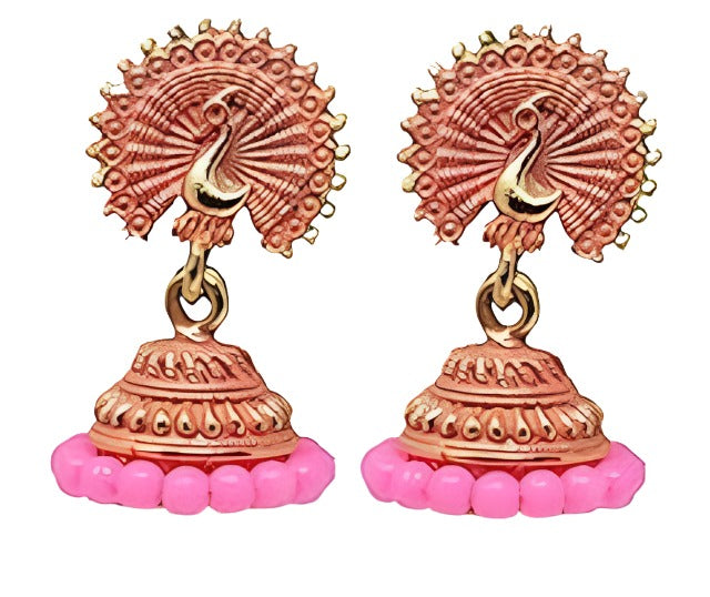 Women's Traditional Gold Ethnic Antique South Indian Round Pearl Moti Feather Peacock Jhumka Earrings